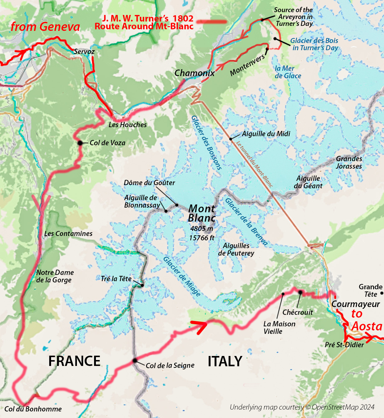 Map of Mont Blanc Massif showng Turner's route arriving, trekking and leaving this area